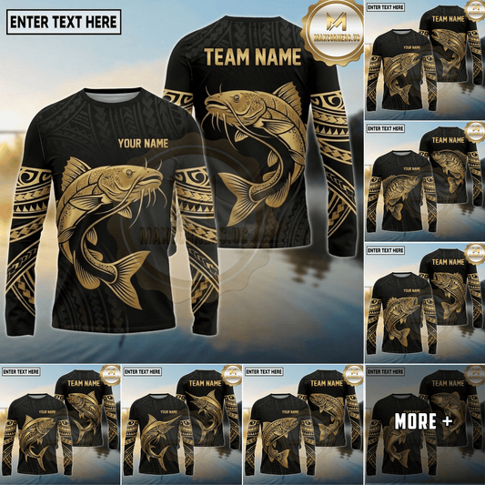Maxcorners Fishing Black Gold Tribal Polynesian Design Custom Name & Team Name 3D Shirts Ver 2 (13 Breeds)