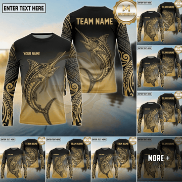 Maxcorners Fishing Black Gold Gradient Tribal Design Custom Name & Team Name 3D Shirts (13 Breeds)