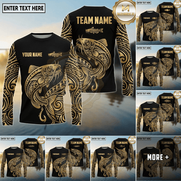 Maxcorners Fishing Black Gold Tribal Hook Design Custom Name & Team Name 3D Shirts (13 Breeds)