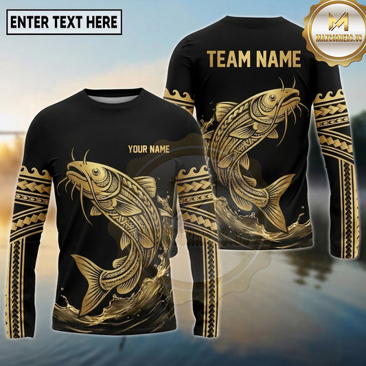 Maxcorners Fishing Black Gold Maul Tribal Water Splash Design Custom Name & Team Name 3D Shirts (13 Breeds)