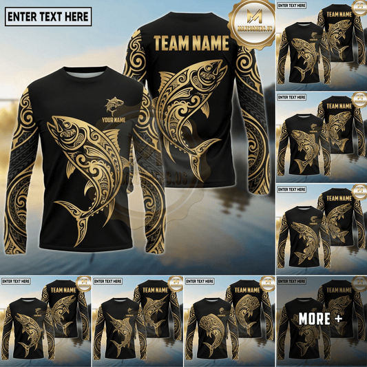 Maxcorners Fishing Black Gold Tribal Swirl Design Custom Name & Team Name 3D Shirts (13 Breeds)