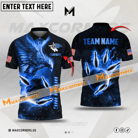 Maxcorners Bowling & Pins Eagle Pattern Multicolor Option Customized Name, Team Name 3D Polo Shirt (4 Colors)