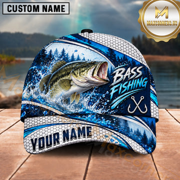 Maxcorners Fishing White Blue Water Splash Honeycomb Grid Forest Silhouettes Fish Hooks Personalized Name Unisex Classic Cap