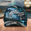 Maxcorners Fishing Nautical Compass Topo Map Blue Water Splash Honeycomb Grid Fish Hooks Personalized Name Unisex Classic Cap