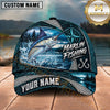 Maxcorners Fishing Nautical Compass Topo Map Blue Water Splash Honeycomb Grid Fish Hooks Personalized Name Unisex Classic Cap
