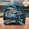 Maxcorners Fishing Nautical Compass Topo Map Blue Water Splash Honeycomb Grid Fish Hooks Personalized Name Unisex Classic Cap