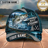 Maxcorners Fishing Nautical Compass Topo Map Blue Water Splash Honeycomb Grid Fish Hooks Personalized Name Unisex Classic Cap