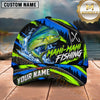 Maxcorners Fishing Neon Lime Green Blue Water Splash Honeycomb Grid Brush Strokes Fish Hooks Personalized Name Unisex Classic Cap
