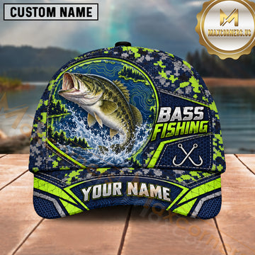 Maxcorners Fishing Topo Map Digital Camo Forest Water Splash Fish Hooks Personalized Name Unisex Classic Cap