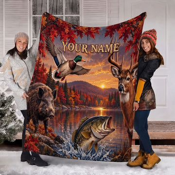 Maxcorners Wildlife Autumn Forest Deer Bass Fish Duck Boar Sunset Personalized Name 3D Blanket