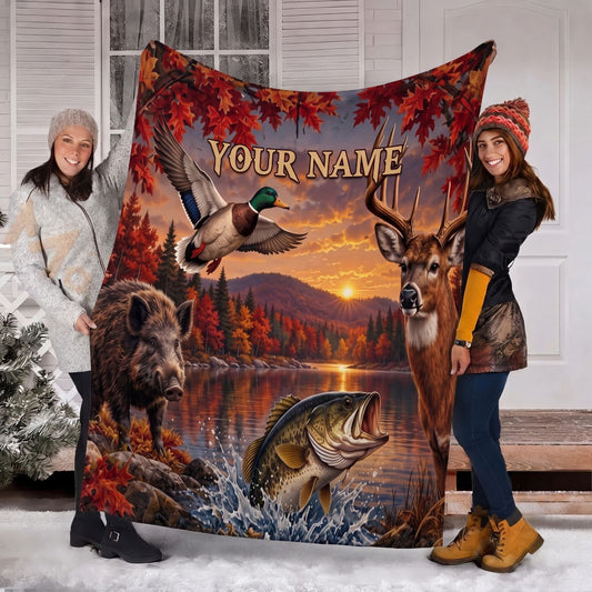 Maxcorners Wildlife Autumn Forest Deer Bass Fish Duck Boar Sunset Personalized Name 3D Blanket