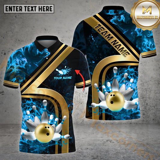 Maxcorners Bowling Flame Gold Bowling Ball Multicolor Options Personalized Name, Team Name 3D Polo Shirt (4 Colors)
