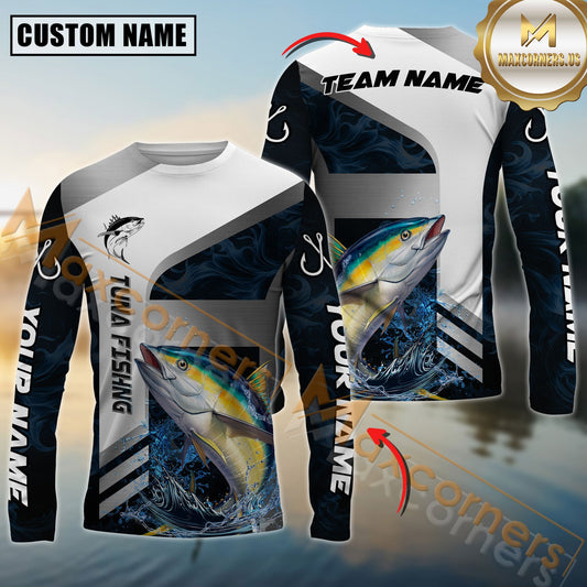 Maxcorners Tuna Fishing Blue Deep Wave Hook Personalized Name, Team Name Long Sleeve Shirt