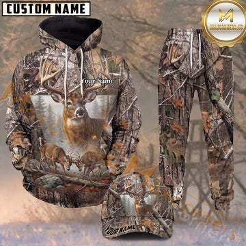 Maxcorners Hunting Deer Woodland Forest Camo Personalized 3D Combo Hoodie, Sweatpants Set & Cap
