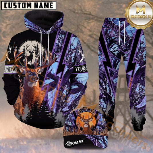 Maxcorners Hunting Deer Purple Lightning Camo Personalized 3D Combo Hoodie, Sweatpants Set & Cap