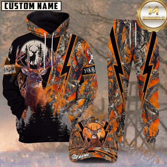 Maxcorners Hunting Deer Orange Lightning Camo Personalized 3D Combo Hoodie, Sweatpants Set & Cap