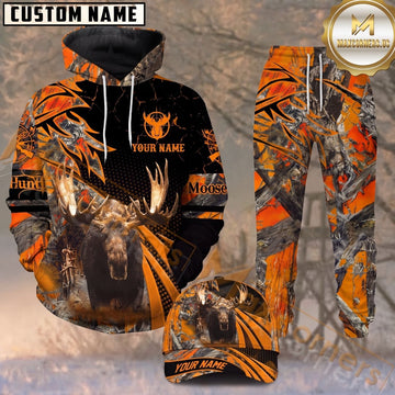 Maxcorners Hunting Moose Black Orange Real Tree Camo Personalized 3D Combo Hoodie, Sweatpants Set & Cap