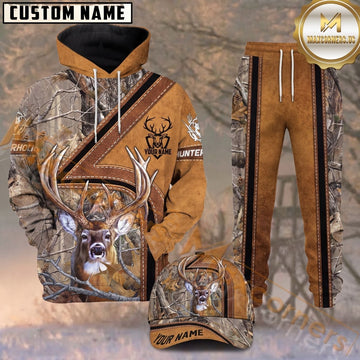 Maxcorners Hunting Deer Brown Leather Woodland Camo Personalized 3D Combo Hoodie, Sweatpants Set & Cap