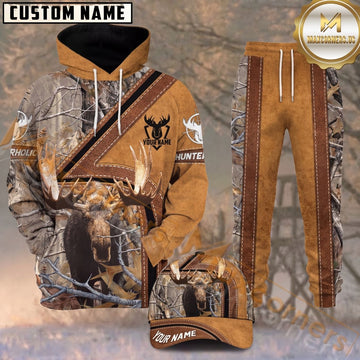 Maxcorners Hunting Moose Brown Leather Woodland Camo Personalized 3D Combo Hoodie, Sweatpants Set & Cap