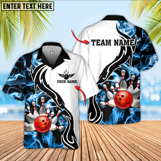 Maxcorners Bowling And Pins Multicolor Smoke Pattern Option Customized Name Hawaiian Shirt (4 Colors)