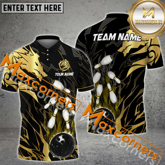 Maxcorners Dragon Bowling & Pins Multicolor Option Customized Name, Team Name 3D Polo Shirt (4 Colors)