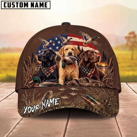 Maxcorners Hunting Labradors Patriotic American Flag Duck Hunter Personalized Name Unisex 3D Cap