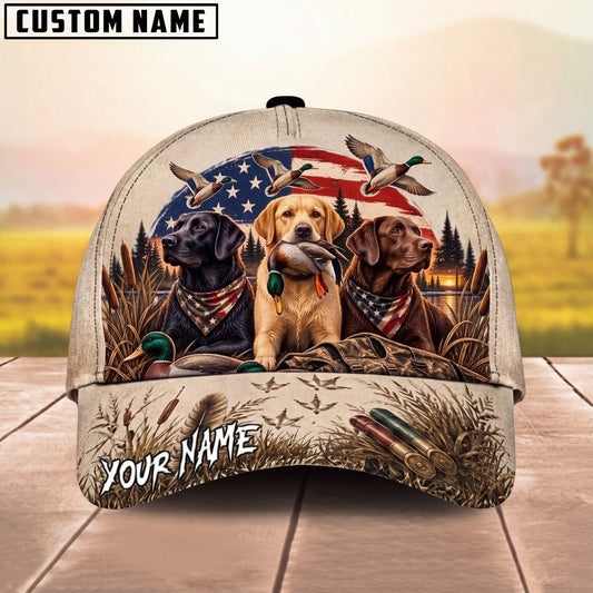 Maxcorners Hunting Labradors Patriotic American Flag Duck Hunter Personalized Name Unisex 3D Cap
