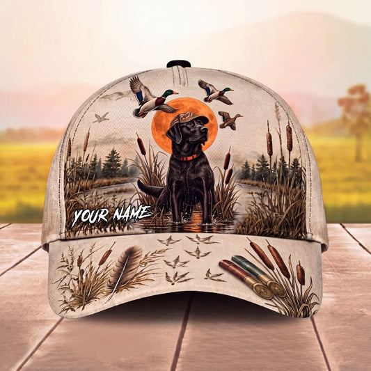 Maxcorners Black Lab Night Waterfowl Hunting Moon Silhouette Personalized Name Unisex 3D Cap