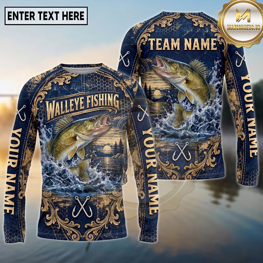 (13 Breeds) Maxcorners Fishing Vintage Golden Filigree Frame Sunset Lake Honeycomb Mesh Fishing Hooks Custom Team Name Personalized Name 3D Long Sleeve Shirt