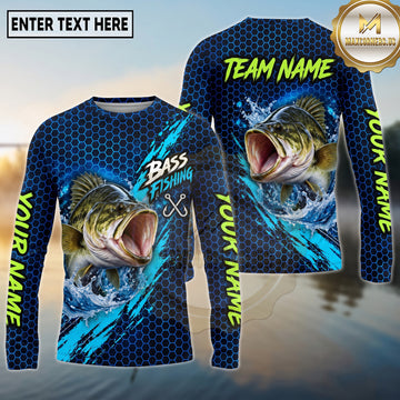 (13 Breeds) Maxcorners Fishing Big Catch Fish Water Splash Hexagon Pattern Electric Blue Lime Green Custom Team Name Personalized Name 3D Long Sleeve Shirt