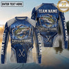 (13 Breeds) Maxcorners Fishing Big Catch Fish Splash Badge Honeycomb Mesh Denim Blue White Fishing Hooks Custom Team Name Personalized Name 3D Long Sleeve Shirt