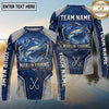 (13 Breeds) Maxcorners Fishing Big Catch Fish Splash Badge Honeycomb Mesh Denim Blue White Fishing Hooks Custom Team Name Personalized Name 3D Long Sleeve Shirt