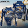 (13 Breeds) Maxcorners Fishing Big Catch Fish Splash Badge Honeycomb Mesh Denim Blue White Fishing Hooks Custom Team Name Personalized Name 3D Long Sleeve Shirt
