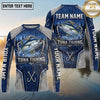 (13 Breeds) Maxcorners Fishing Big Catch Fish Splash Badge Honeycomb Mesh Denim Blue White Fishing Hooks Custom Team Name Personalized Name 3D Long Sleeve Shirt