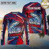 (13 Breeds) Maxcorners Fishing Sunset Water Reflection Racing Stripes Red Navy Blue Fish Scale Pattern Custom Team Name Personalized Name 3D Long Sleeve Shirt