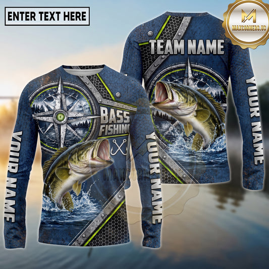 (13 Breeds) Maxcorners Fishing Vintage Compass Rose Metal Badge Armor Plates Navy Blue Lime Green Accent Custom Team Name Personalized Name 3D Long Sleeve Shirt