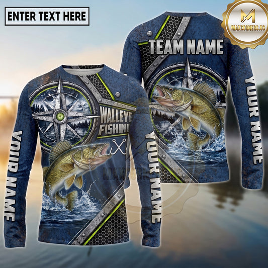 (13 Breeds) Maxcorners Fishing Vintage Compass Rose Metal Badge Armor Plates Navy Blue Lime Green Accent Custom Team Name Personalized Name 3D Long Sleeve Shirt