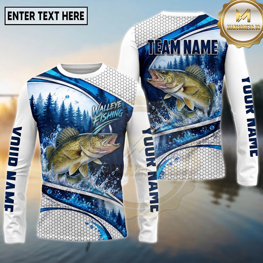 (13 Breeds) Maxcorners Fishing Pine Forest Water Splash White Blue Curved Panels Honeycomb Mesh Custom Team Name Personalized Name 3D Long Sleeve Shirt
