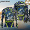 (13 Breeds) Maxcorners Fishing Forest Crest Badge Digital Camo Navy Blue Lime Green Topographic Lines Custom Team Name Personalized Name 3D Long Sleeve Shirt