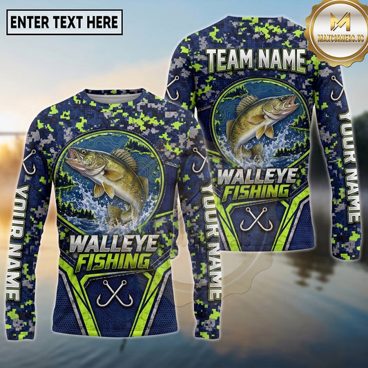(13 Breeds) Maxcorners Fishing Forest Crest Badge Digital Camo Navy Blue Lime Green Topographic Lines Custom Team Name Personalized Name 3D Long Sleeve Shirt