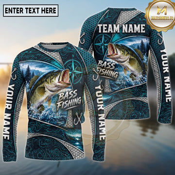 (13 Breeds) Maxcorners Fishing Compass Rose Badge Topographic Contour Lines Dark Teal Honeycomb Mesh Custom Team Name Personalized Name 3D Long Sleeve Shirt