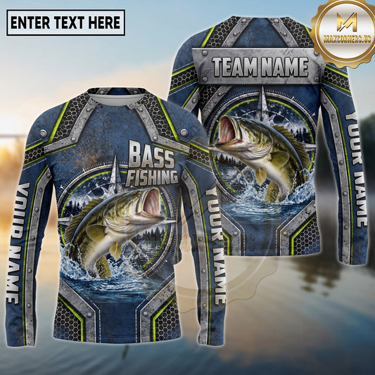 (13 Breeds) Maxcorners Fishing Metal Armor Plates Compass Rose Badge Navy Blue Lime Green Accents Custom Team Name Personalized Name 3D Long Sleeve Shirt