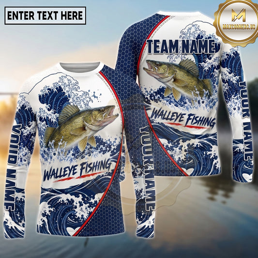 (13 Breeds) Maxcorners Fishing Great Wave Water Splash Navy Blue White Swirls Hexagon Mesh Custom Team Name Personalized Name 3D Long Sleeve Shirt