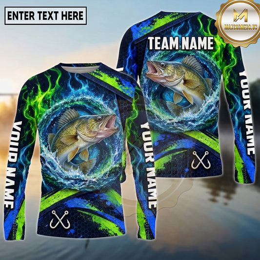 (13 Breeds) Maxcorners Fishing Water Splash Ring Electric Blue Green Flames Honeycomb Pattern Custom Team Name Personalized Name 3D Long Sleeve Shirt