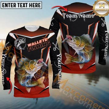 Maxcorners Walleye Fishing Black Red Gradient Hexagon Pattern Sport Custom Name & Team Name 3D Shirts