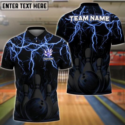 Maxcorners Bowling & Pins Flame Thunder Pattern  Multicolor Option Customized Name, Team Name 3D Polo Shirt (4 Colors)