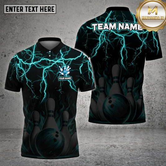 Maxcorners Bowling & Pins Flame Thunder Pattern  Multicolor Option Customized Name, Team Name 3D Polo Shirt (4 Colors)