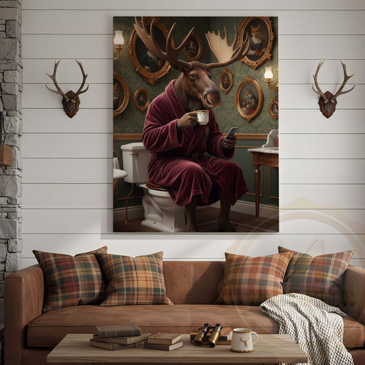 Maxcorners Moose Drinking Coffee on Toilet Wrapped Canvas
