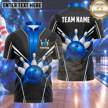 Maxcorners Bowling Bowling Ball Explosive Splash Crashing Pins Carbon Fiber Pattern Racing Stripes Multi Options Personalized Name, Team Name Unisex 3D Shirt (4 Colors)