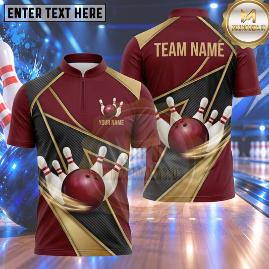 Maxcorners Bowling Bowling Ball Strike Crashing Pins Gold Accent Swoosh Lines Carbon Fiber Pattern Multi Options Personalized Name, Team Name Unisex 3D Shirt (4 Colors)